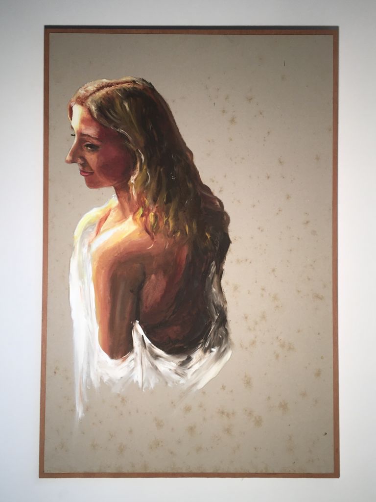 Painting by Jasmin Southgate: a woman looking down over a bare shoulder