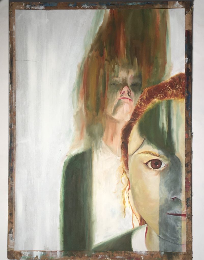 Painting by Jasmin Southgate: two faces overlapping in green and copper