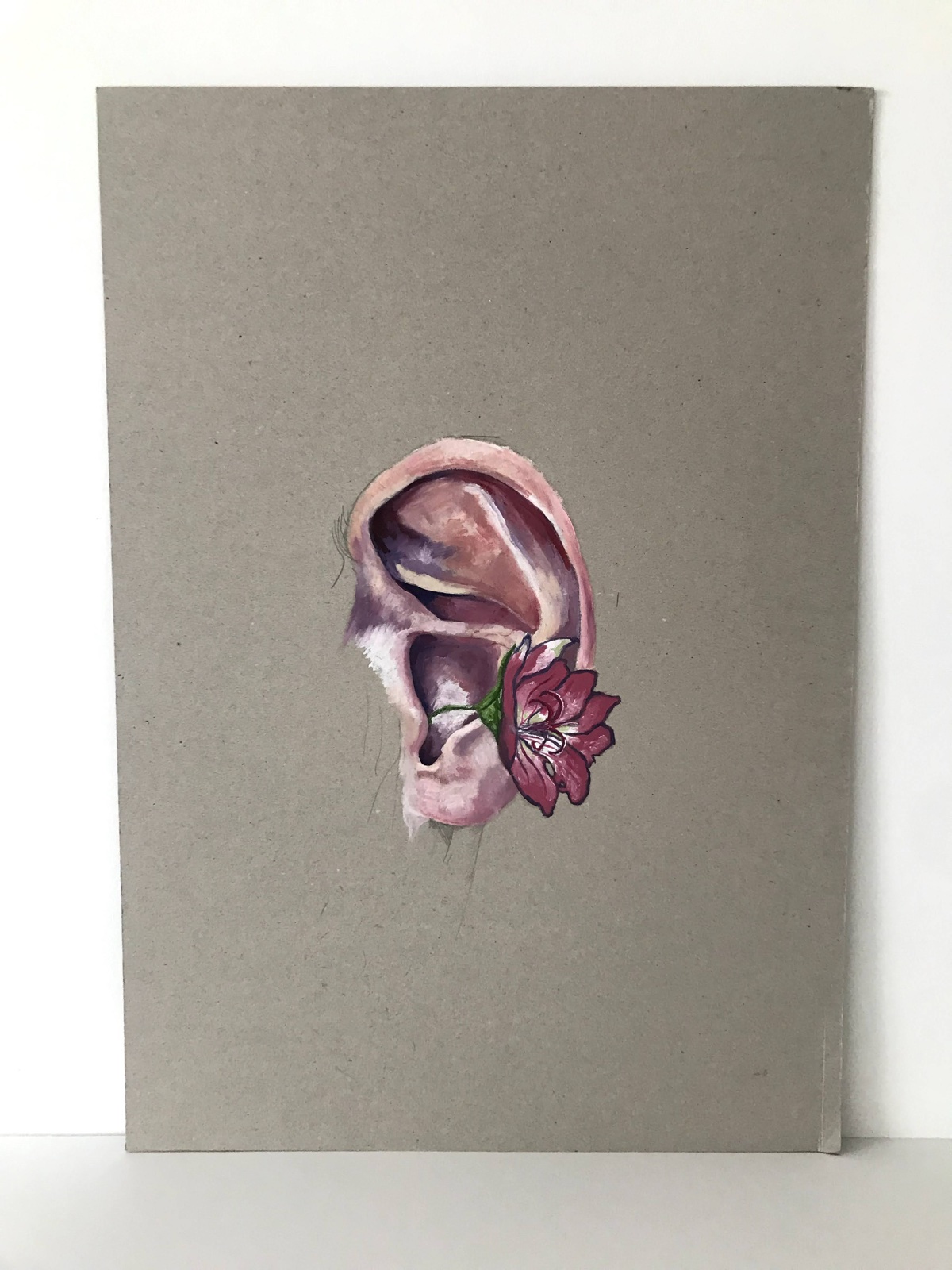 Painting by Jasmin Southgate: an ear with a pink flower, on grey card