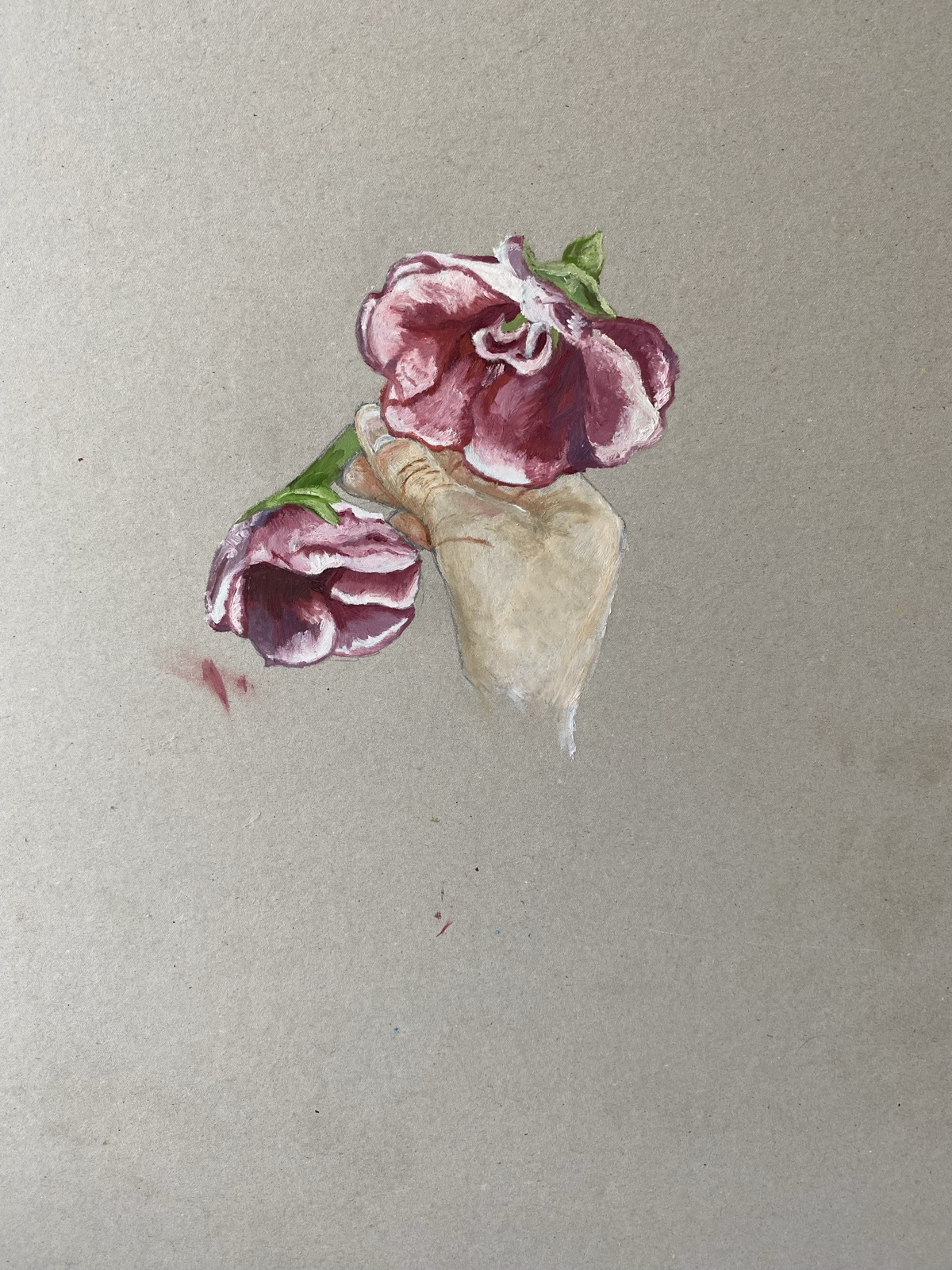 Painting by Jasmin Southgate: a hand holding two pink flowers
