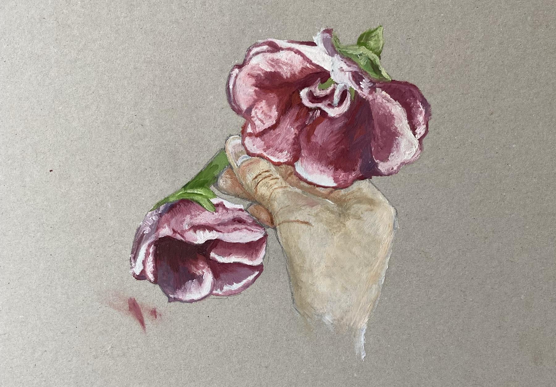 Painting by Jasmin Southgate: a hand holding two pink flowers