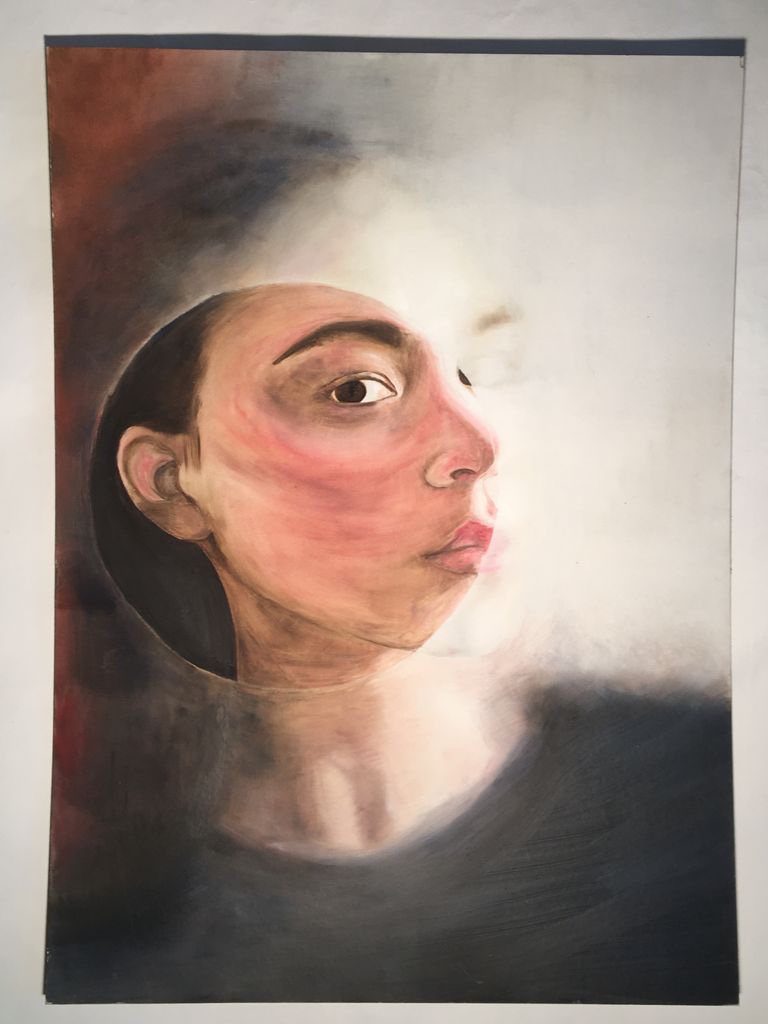Painting by Jasmin Southgate: a face in profile, framed by a circle of light