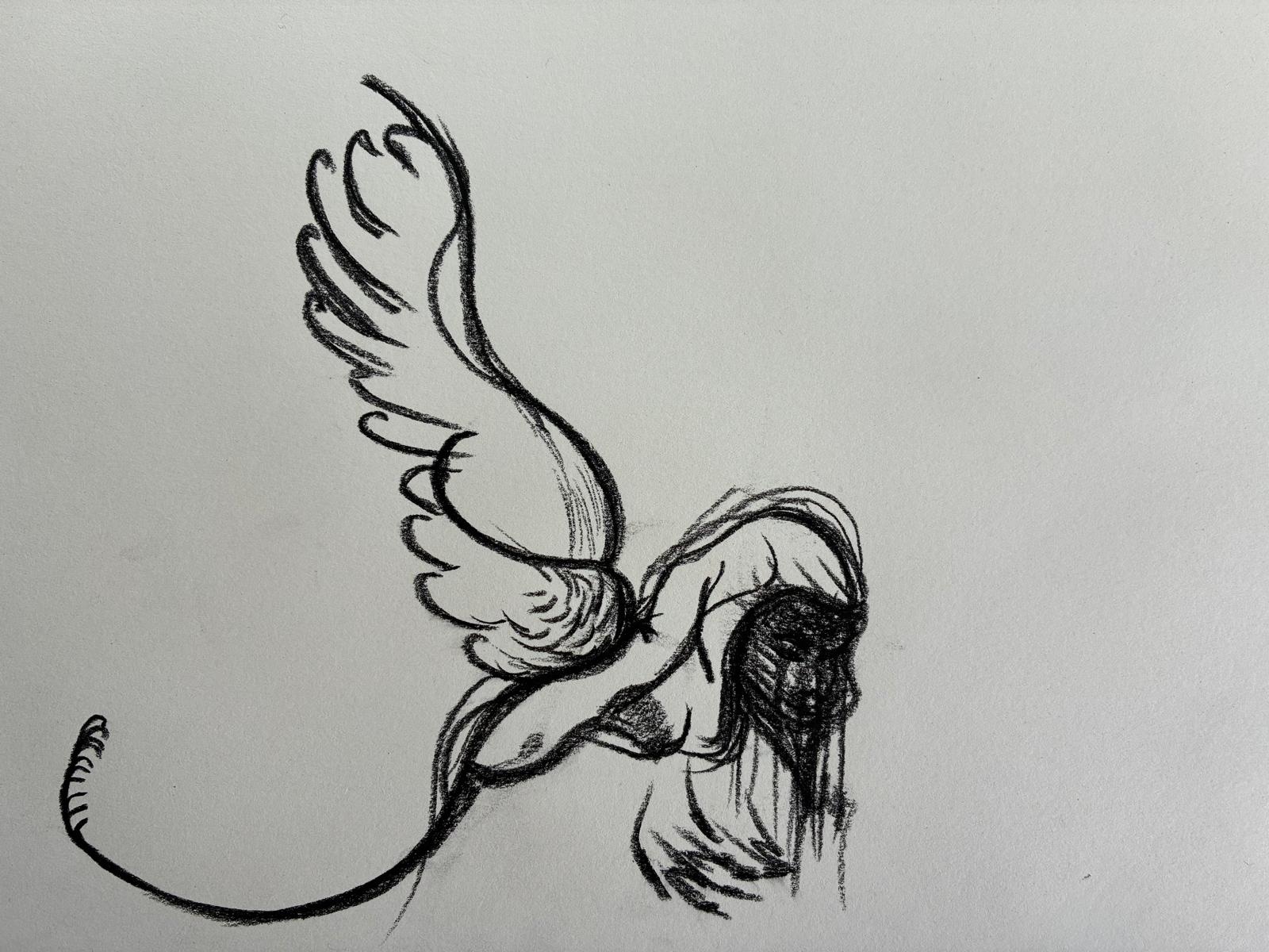 Charcoal drawing by Jasmin Southgate: a winged figure